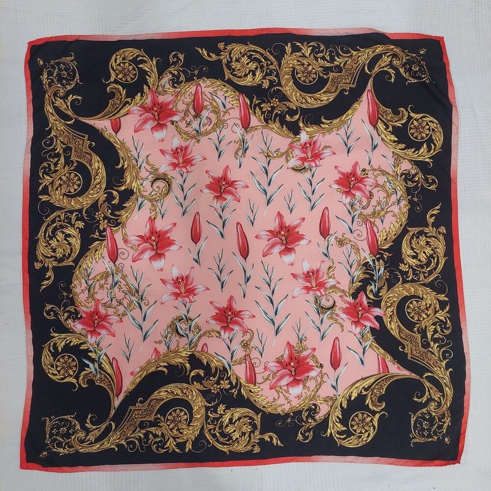 VTG Baroque Floral Square Silk Scarf 35"/ 90cm Black Pink Gold Lilies Via Regina